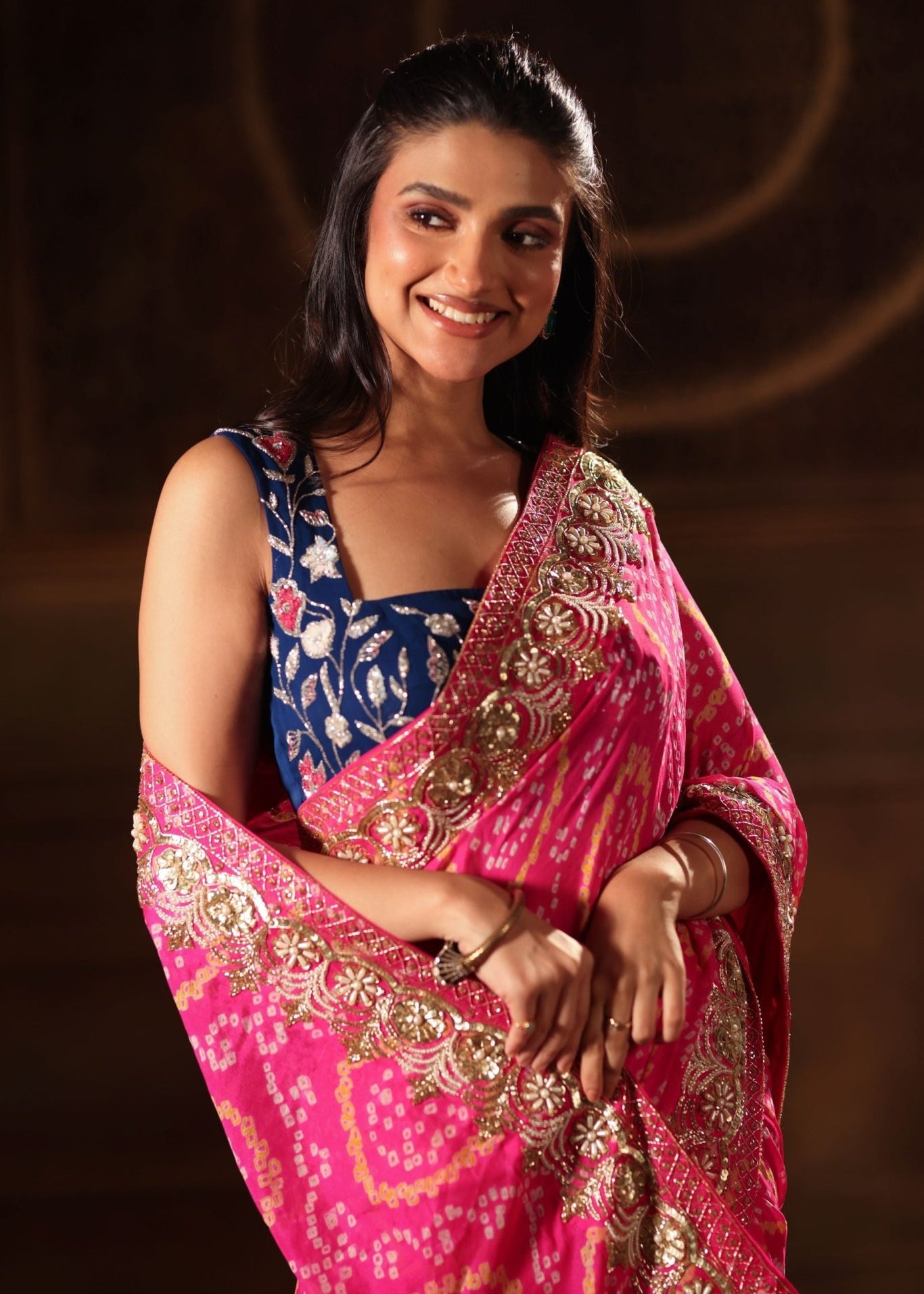 Pink Hand Embroidered Bandhani Georgette Saree - Anvi Couture