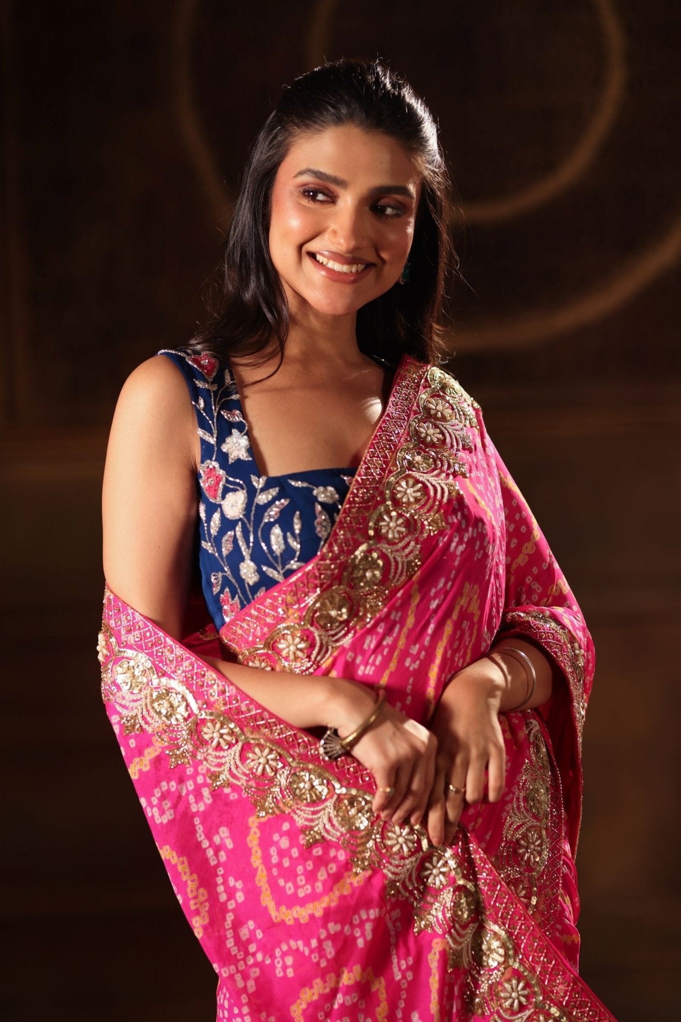 Pink Hand Embroidered Bandhani Georgette Saree - Anvi Couture