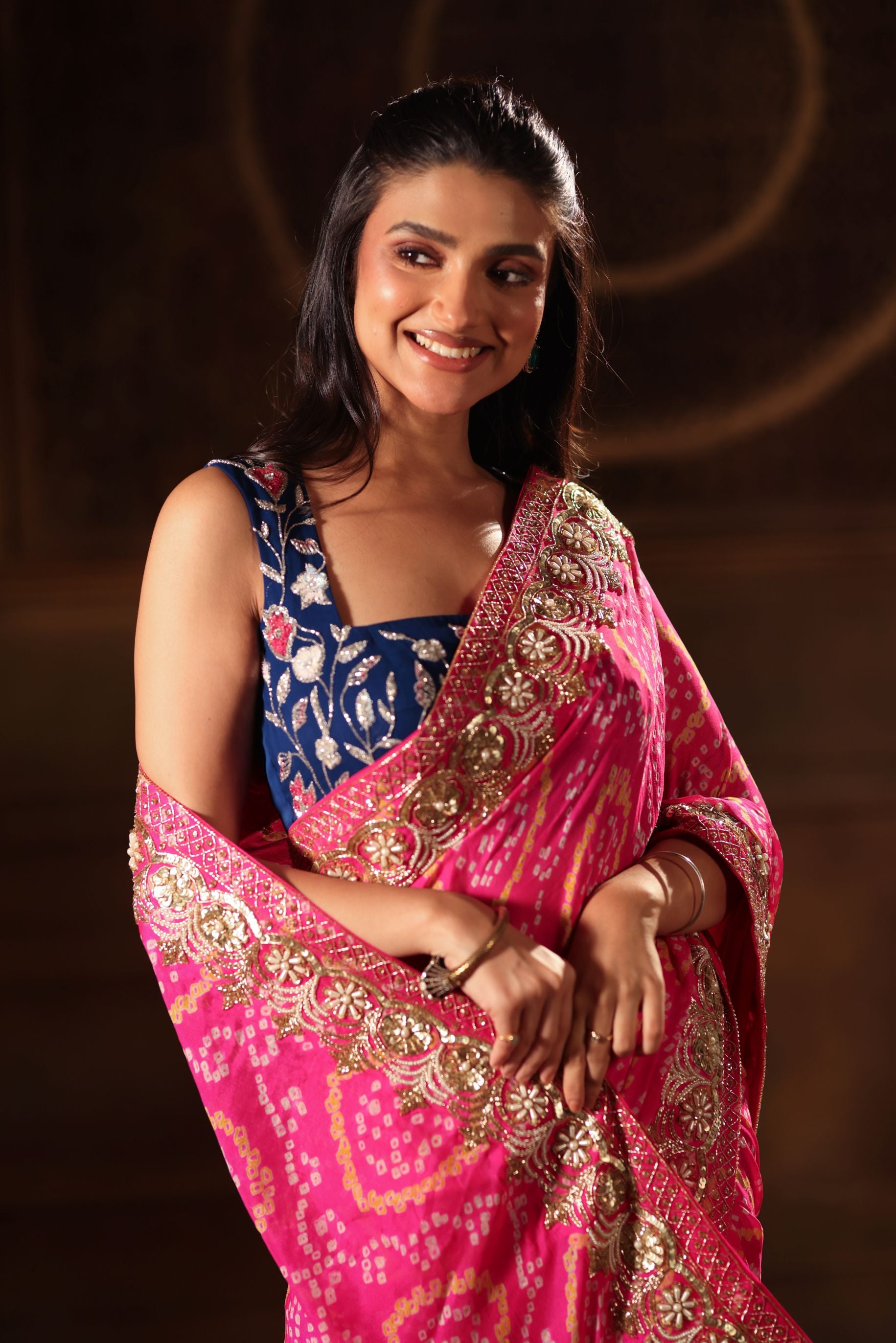 Pink Hand Embroidered Bandhani Georgette Saree Front

