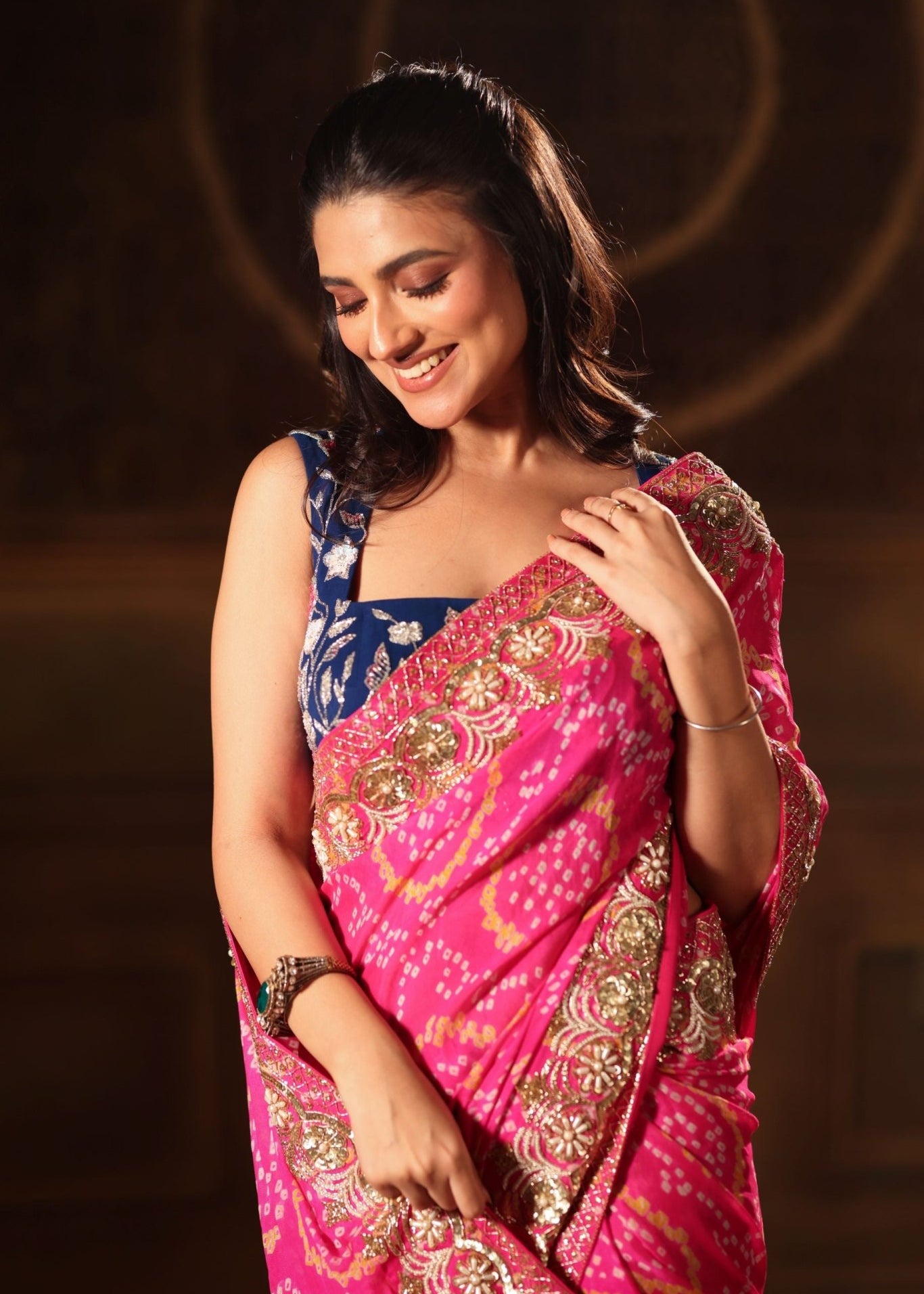 Pink Hand Embroidered Bandhani Georgette Saree - Anvi Couture