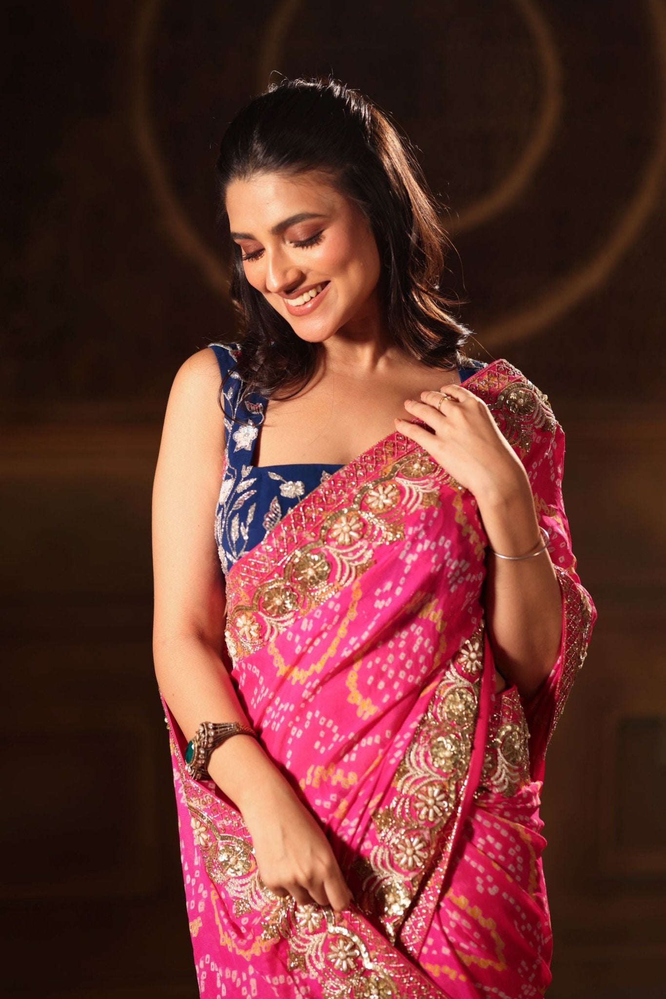 Pink Hand Embroidered Bandhani Georgette Saree - Anvi Couture