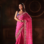 Pink Hand Embroidered Bandhani Georgette Saree Full Front

