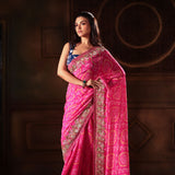 Pink Hand Embroidered Bandhani Georgette Saree Full Front

