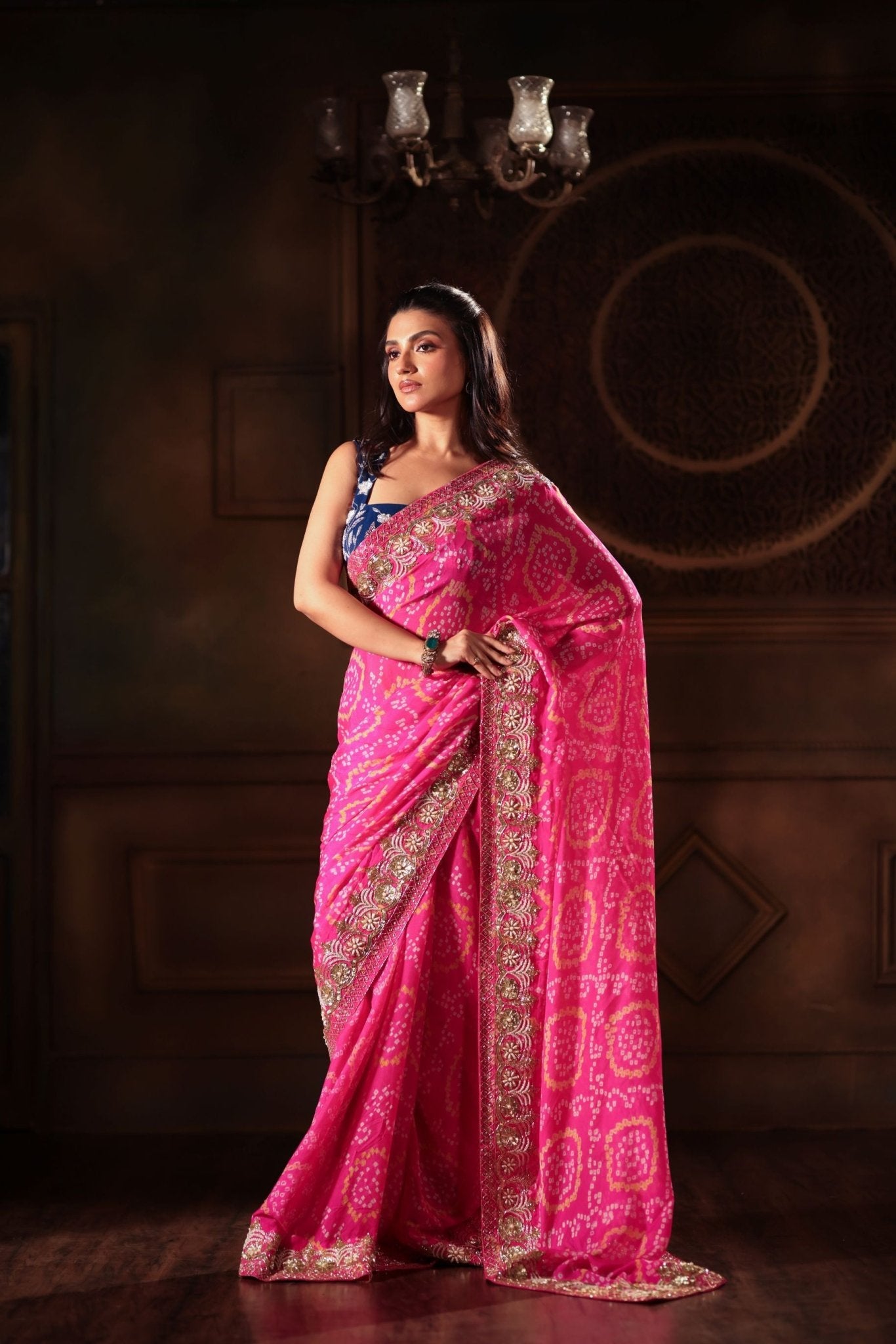 Pink Hand Embroidered Bandhani Georgette Saree - Anvi Couture