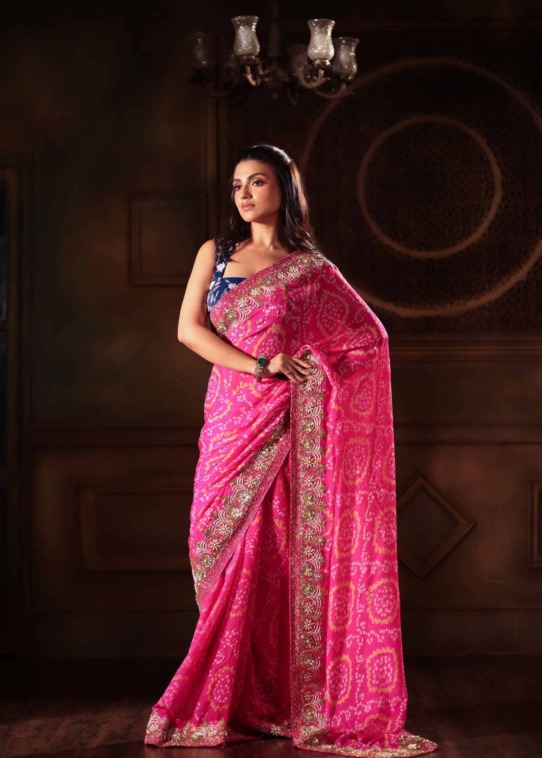 Pink Hand Embroidered Bandhani Georgette Saree Full Front

