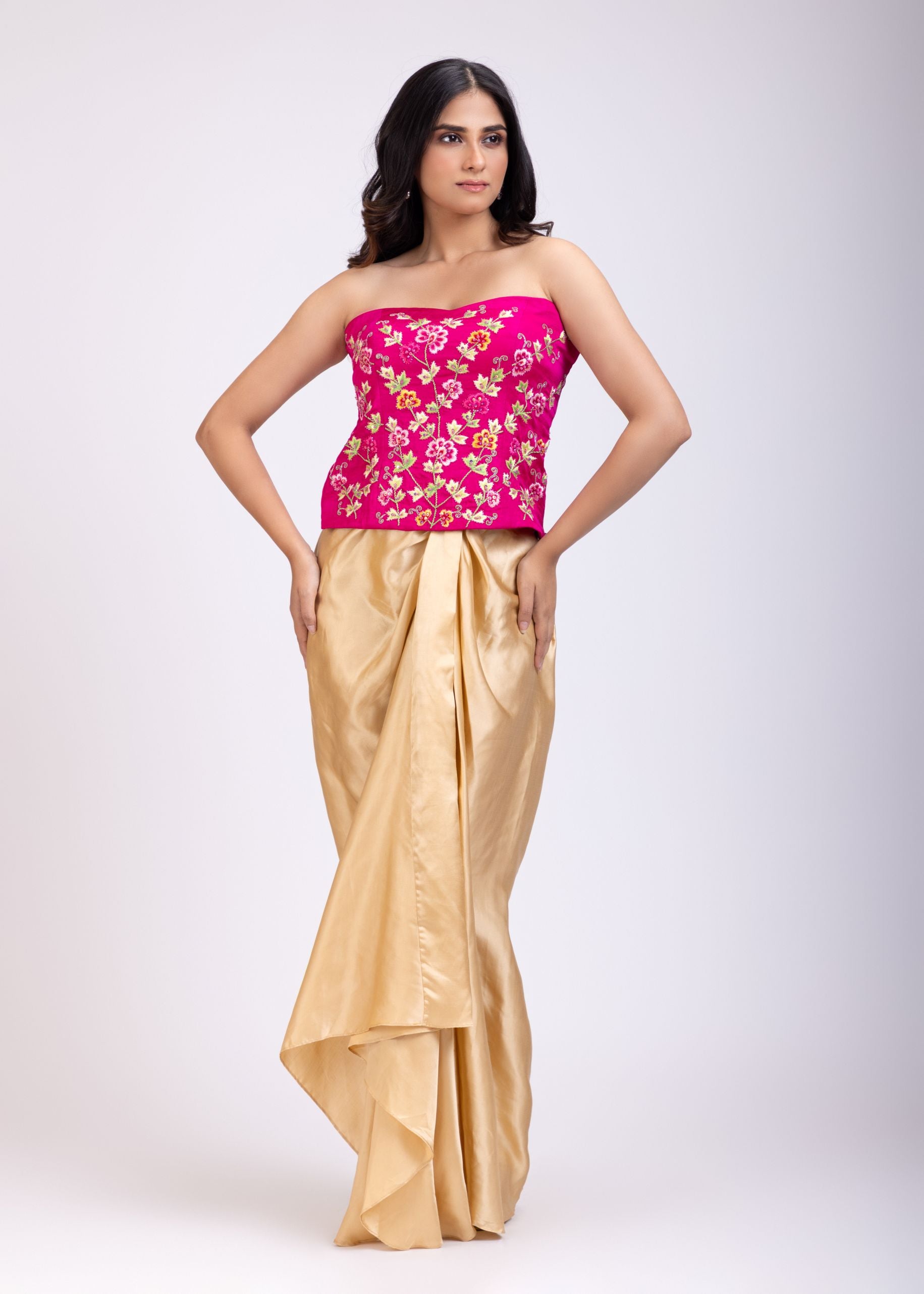 Pink Hand Embroidered Corset with Drape Skirt full