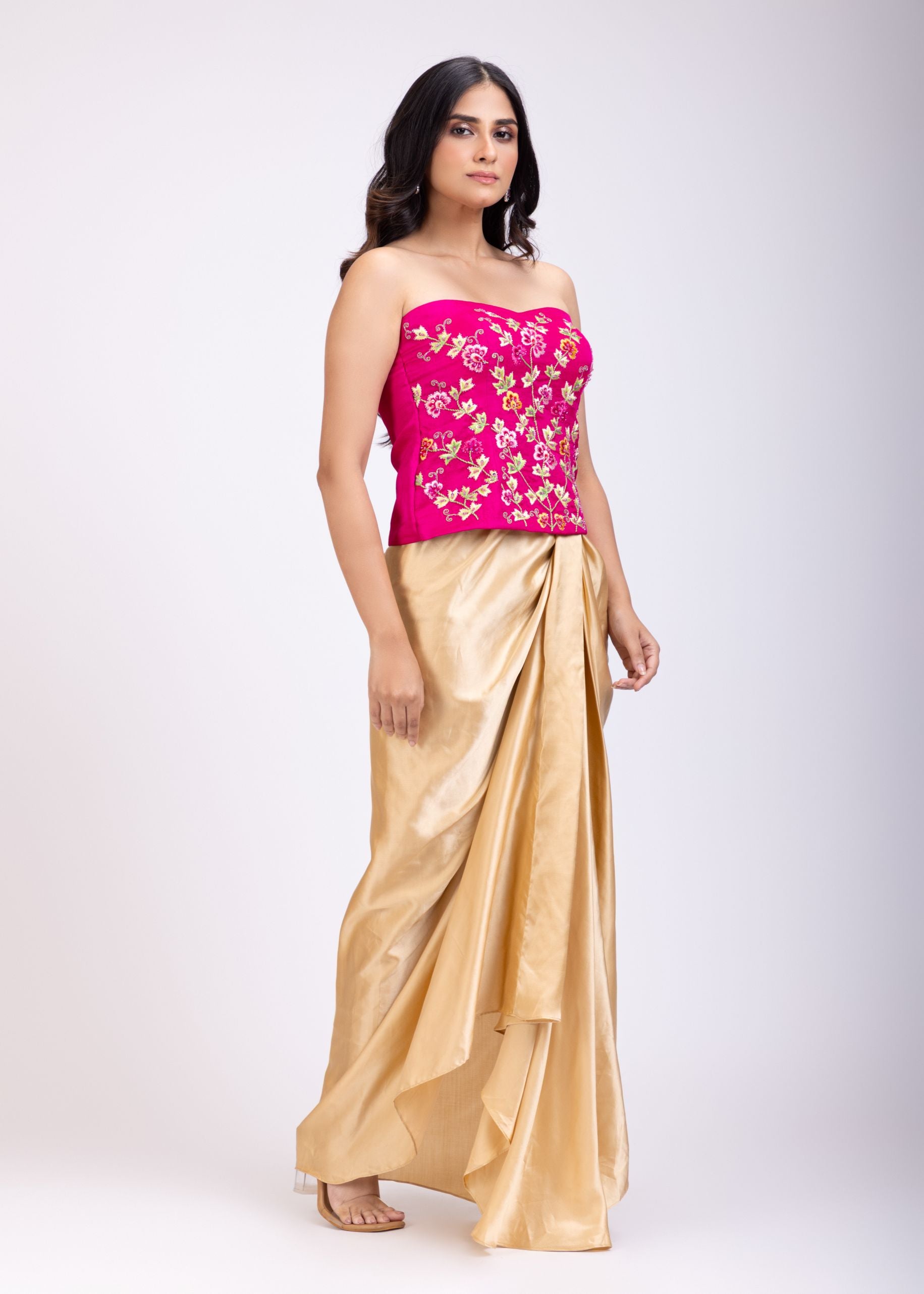 Pink Hand Embroidered Corset with Drape Skirt front