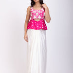 Pink Hand Embroidered Crop Top Drape Skirt Set full