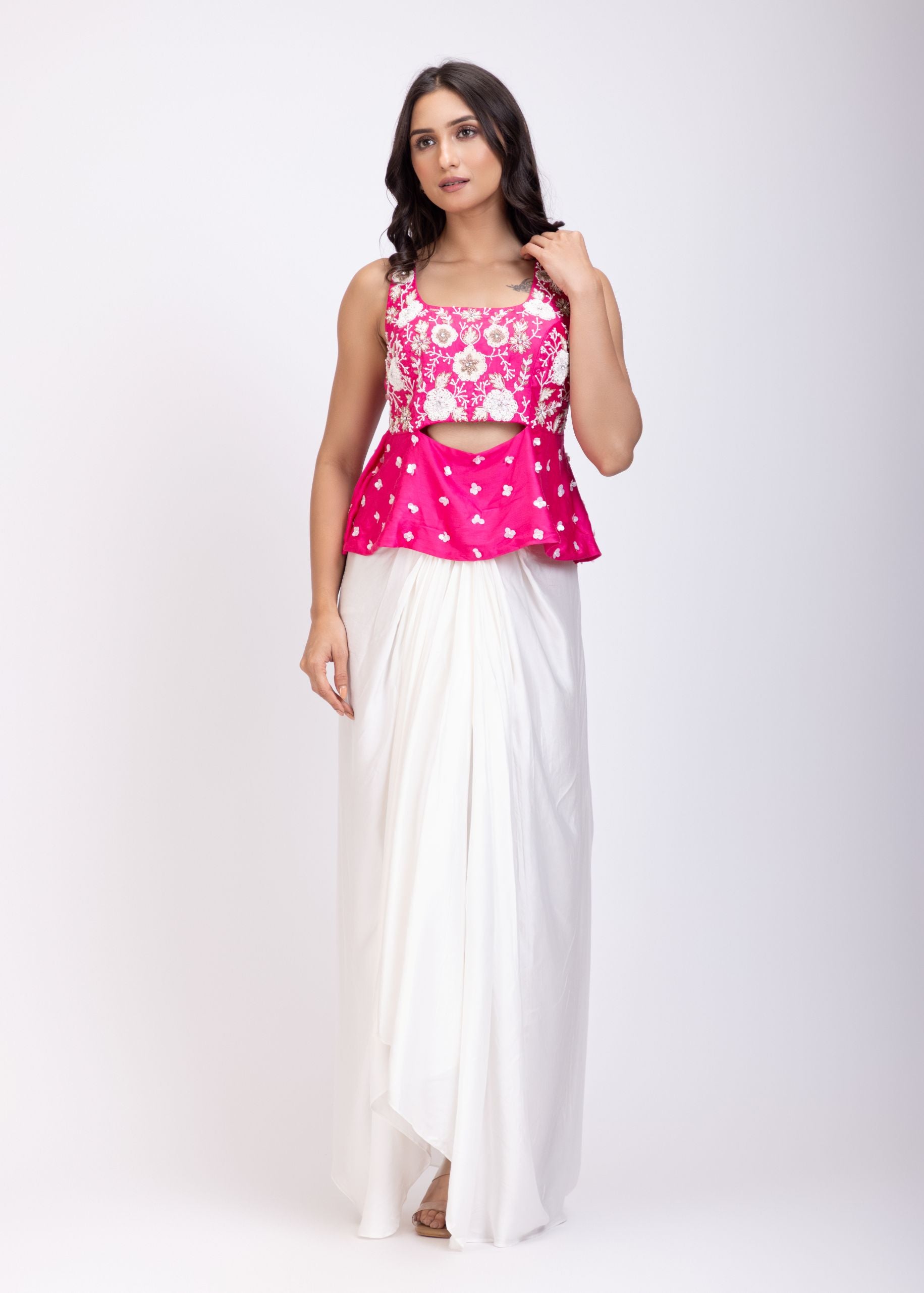 Pink Hand Embroidered Crop Top Drape Skirt Set full