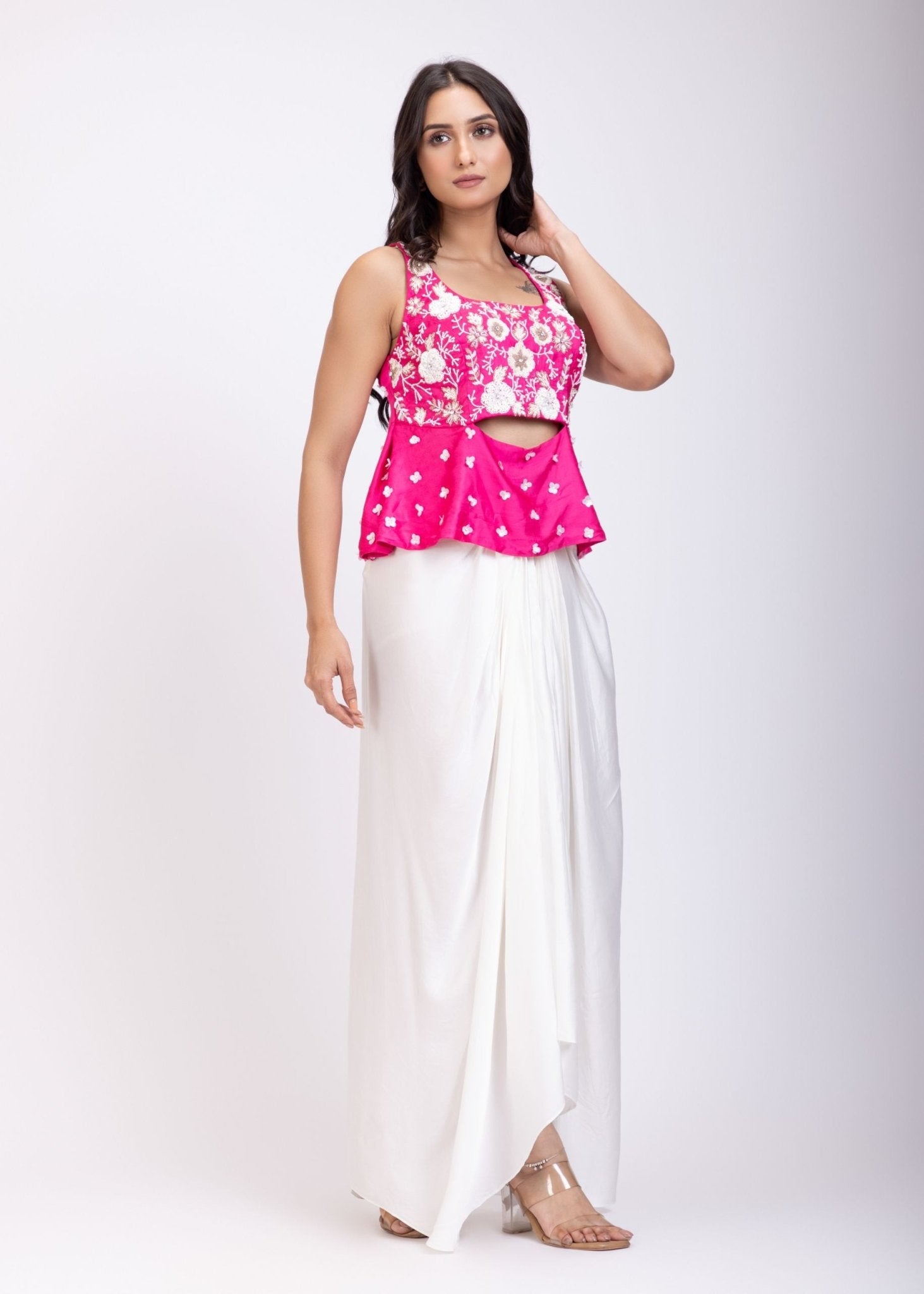 Pink Hand Embroidered Crop Top Drape Skirt Set - Anvi Couture
