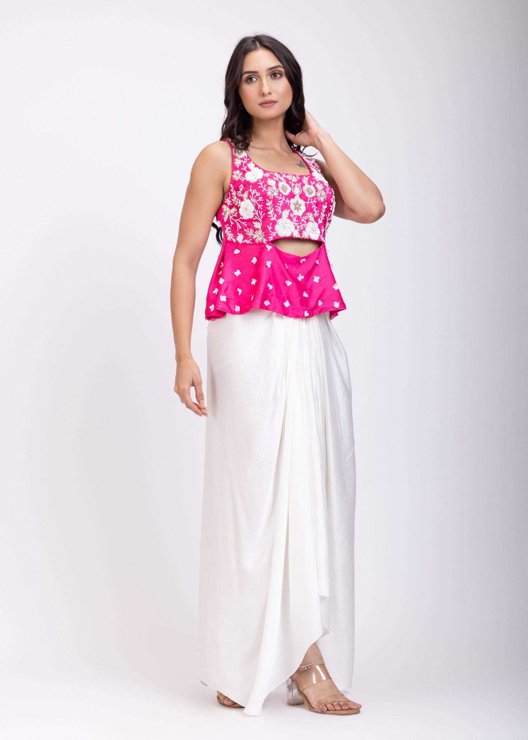 Pink Hand Embroidered Crop Top Drape Skirt Set front