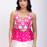 Pink Hand Embroidered Crop Top Drape Skirt Set close up