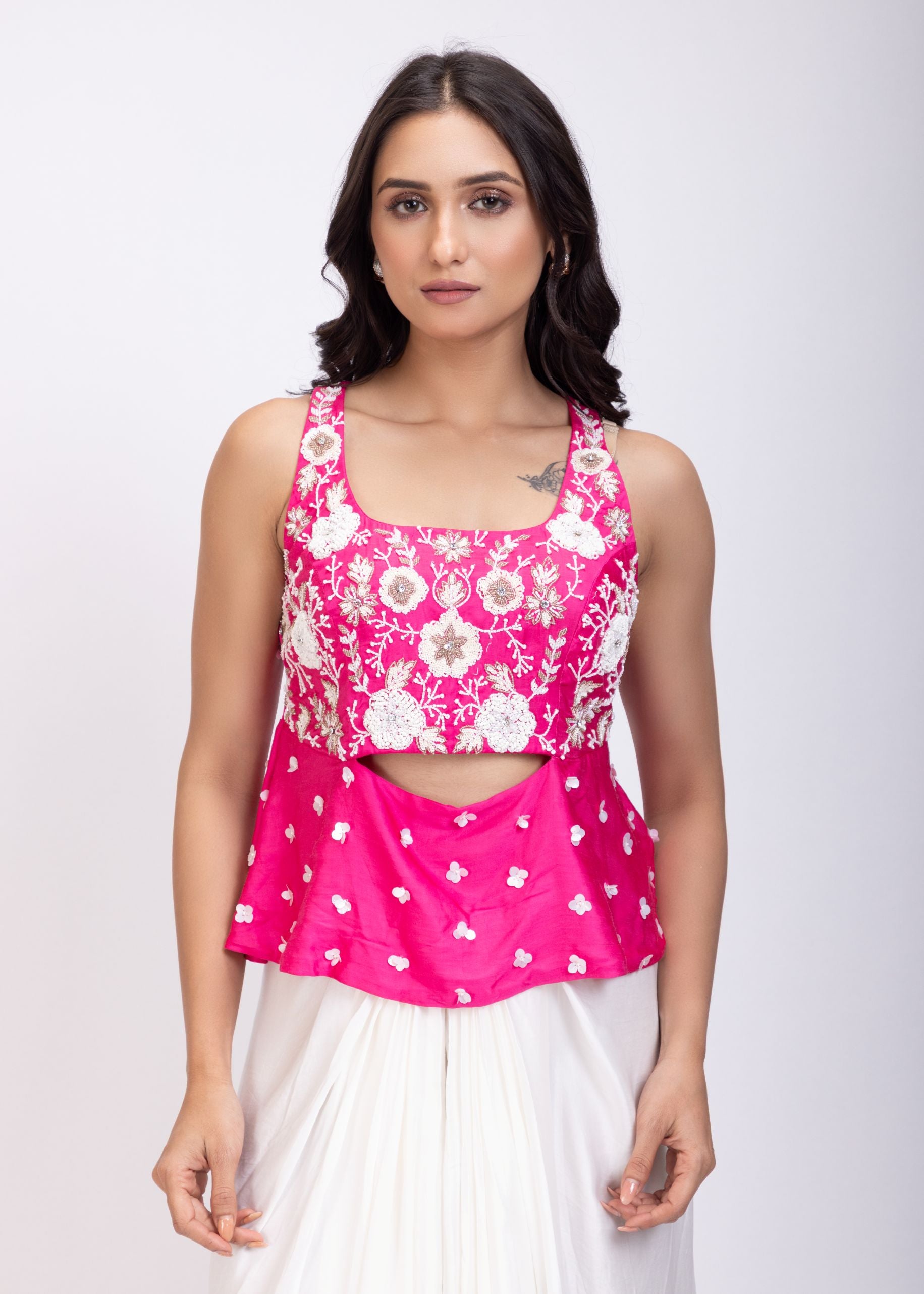 Pink Hand Embroidered Crop Top Drape Skirt Set close up