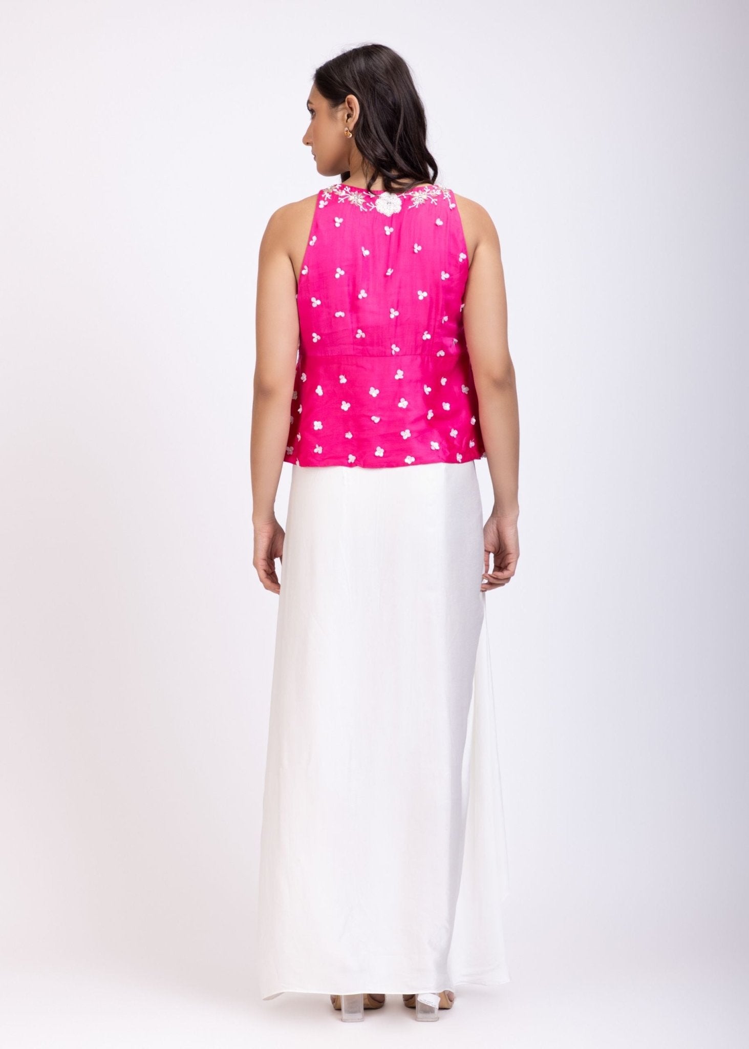 Pink Hand Embroidered Crop Top Drape Skirt Set - Anvi Couture