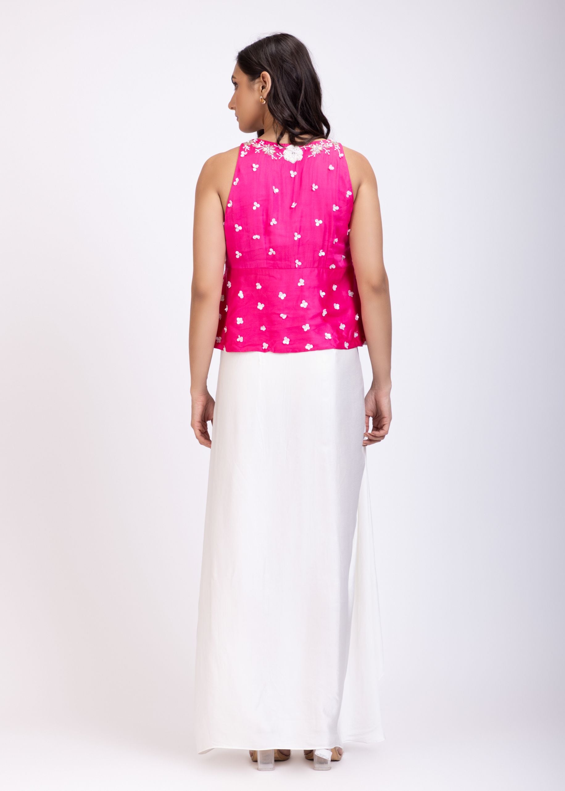 Pink Hand Embroidered Crop Top Drape Skirt Set back