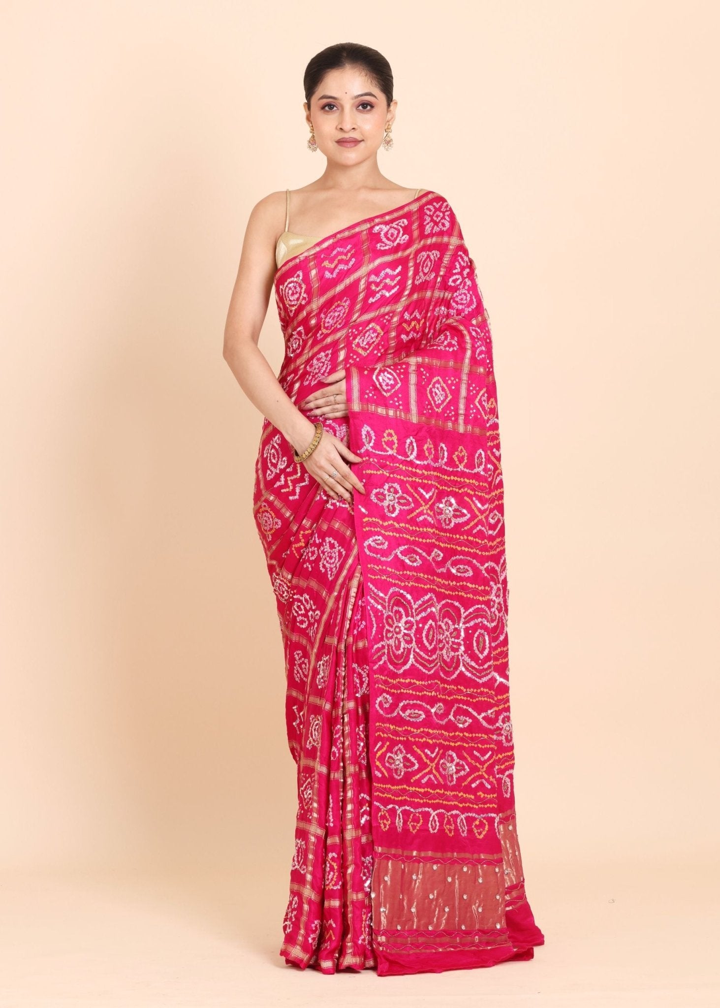 Pink Hand Embroidered Gharchola Saree - Anvi Couture