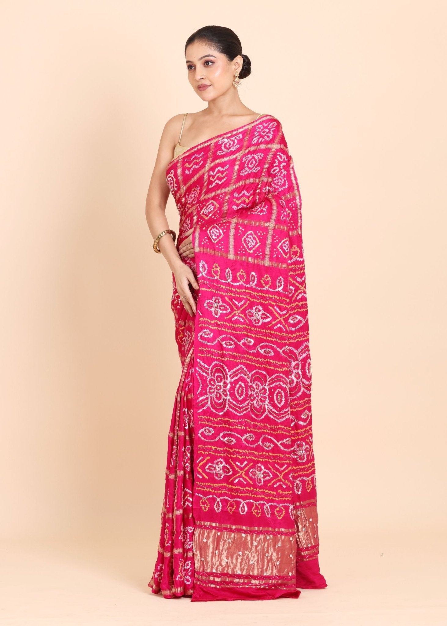 Pink Hand Embroidered Gharchola Saree - Anvi Couture