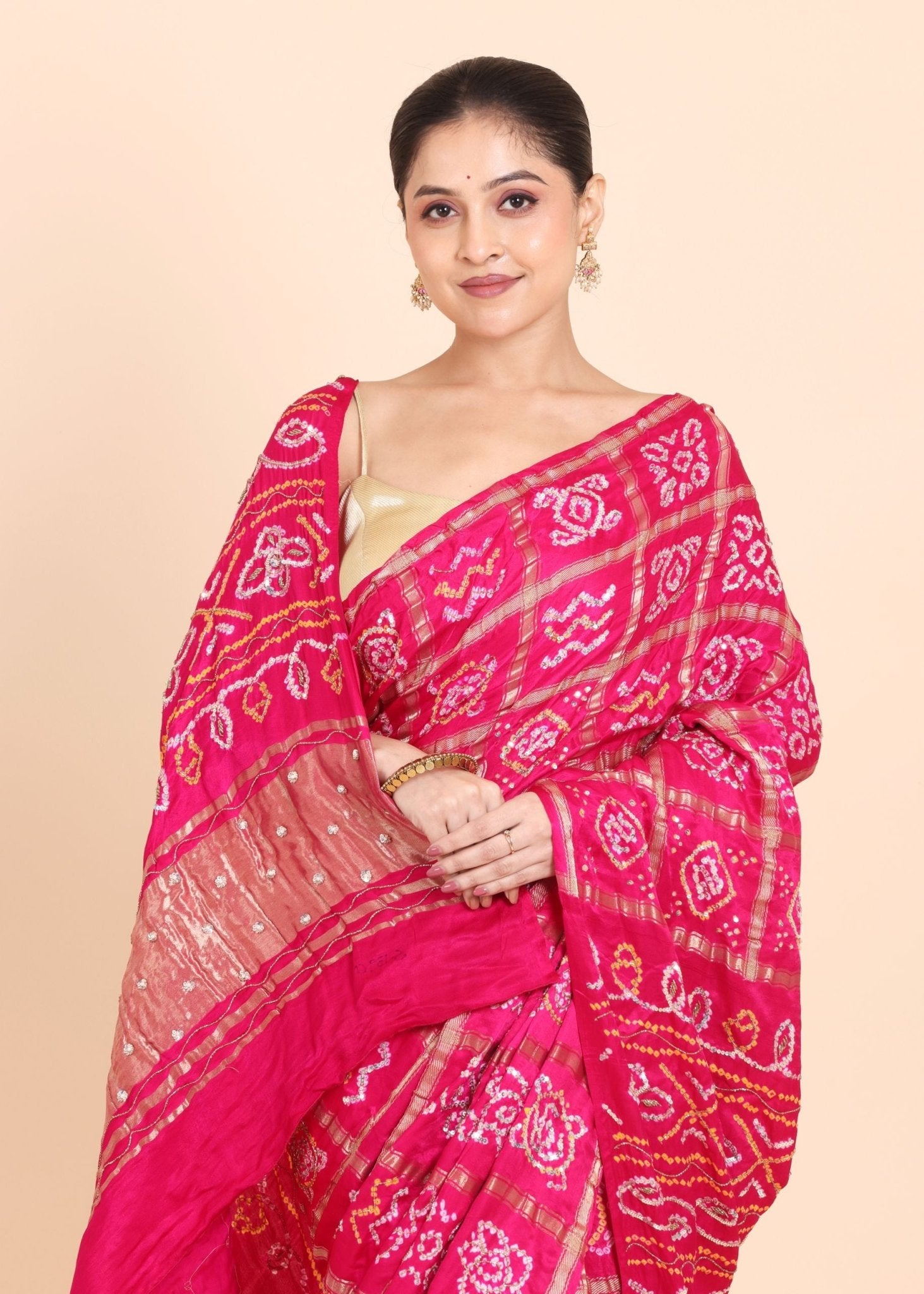Pink Hand Embroidered Gharchola Saree - Anvi Couture