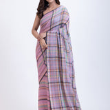 Pink Handloom Cotton Saree with Check Full