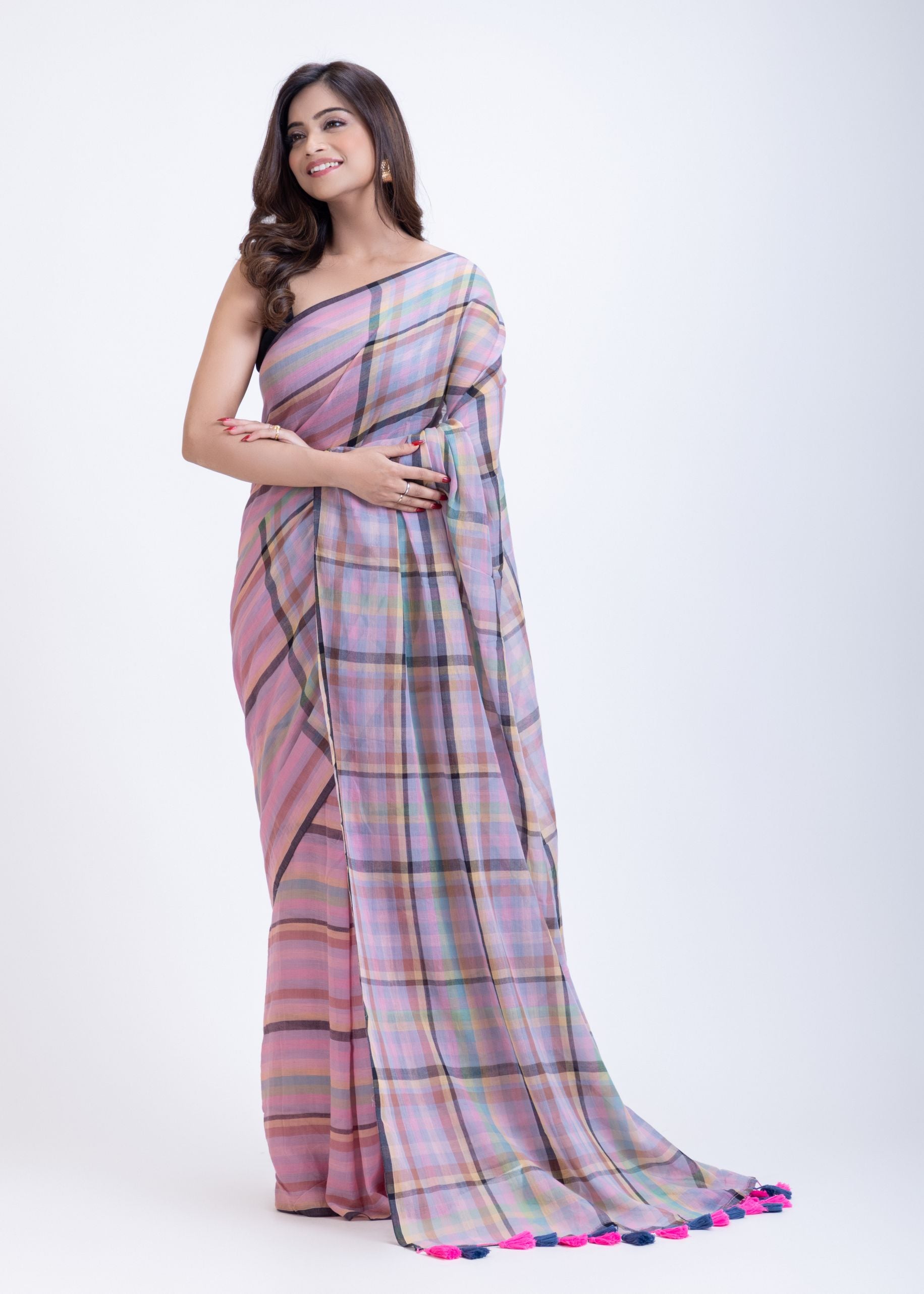Pink Handloom Cotton Saree with Check Front