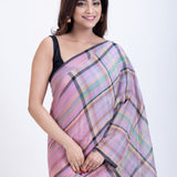 Pink Handloom Cotton Saree with Check Close Up