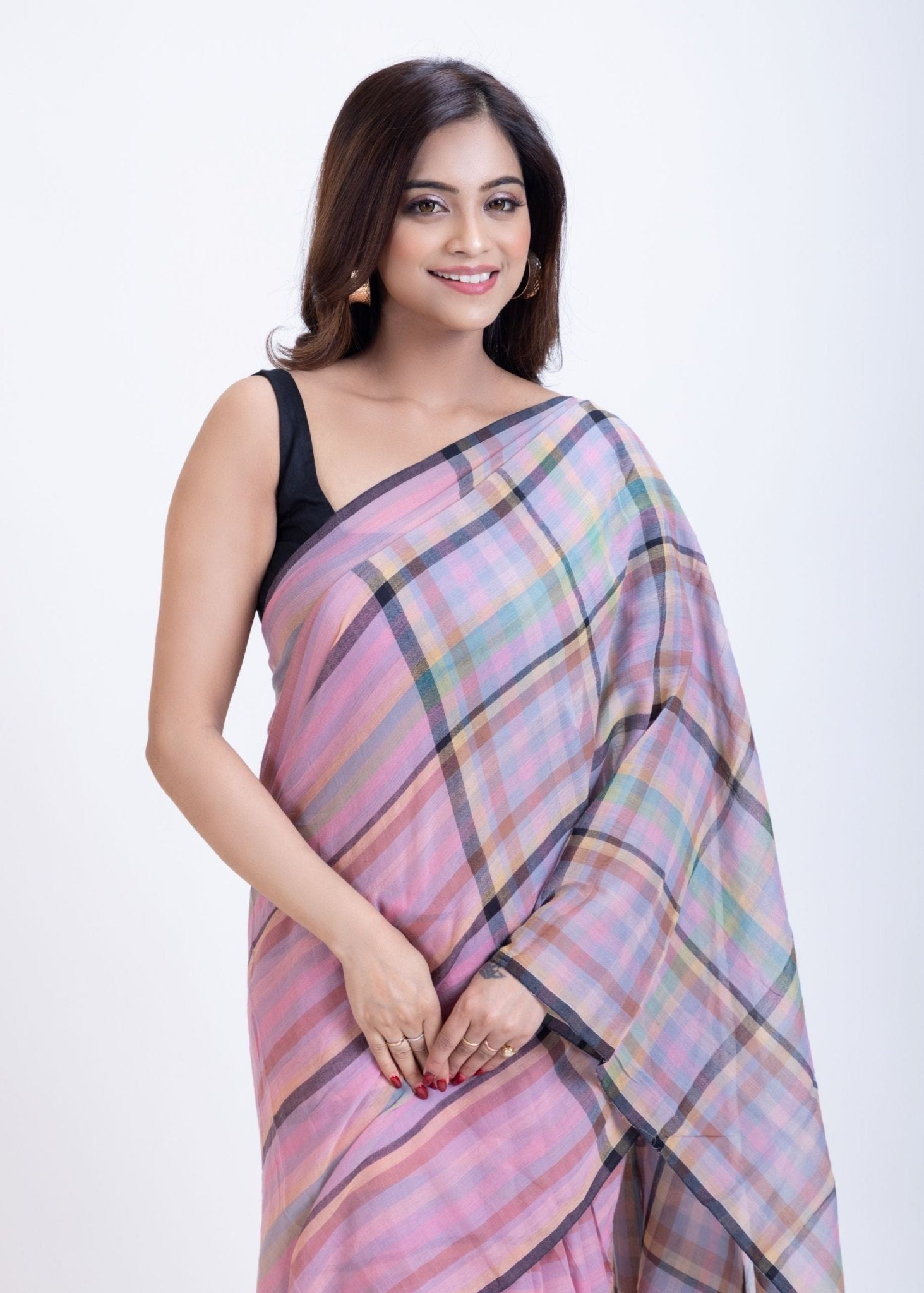 Pink Handloom Cotton Saree with Check - Anvi Couture