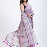 Pink Handloom Cotton Saree with Check Back