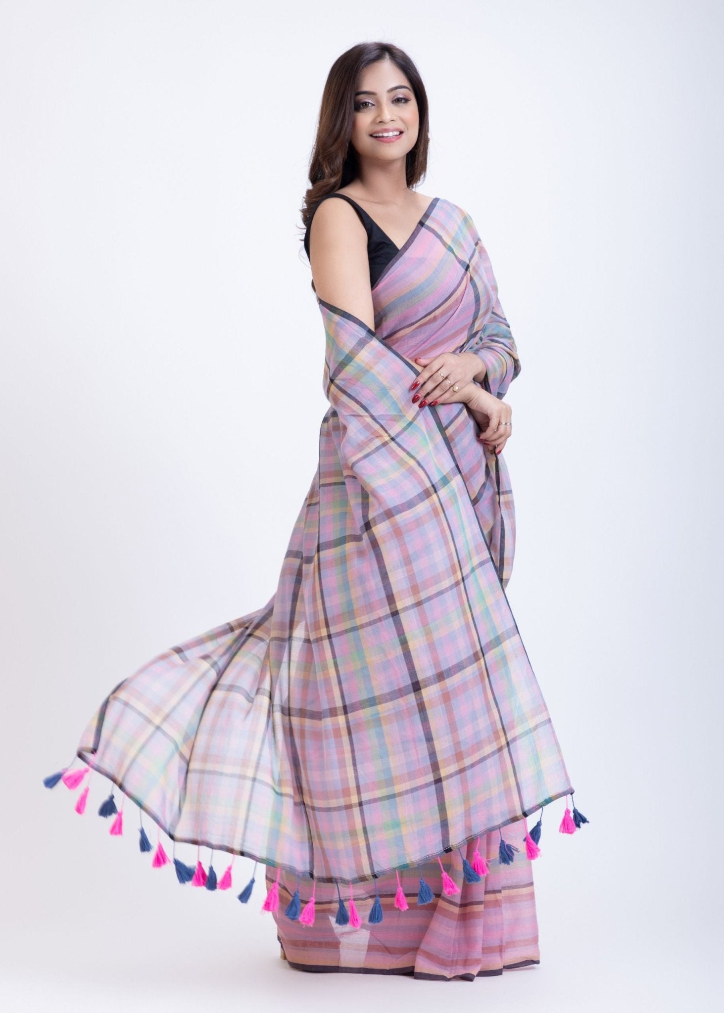 Pink Handloom Cotton Saree with Check - Anvi Couture