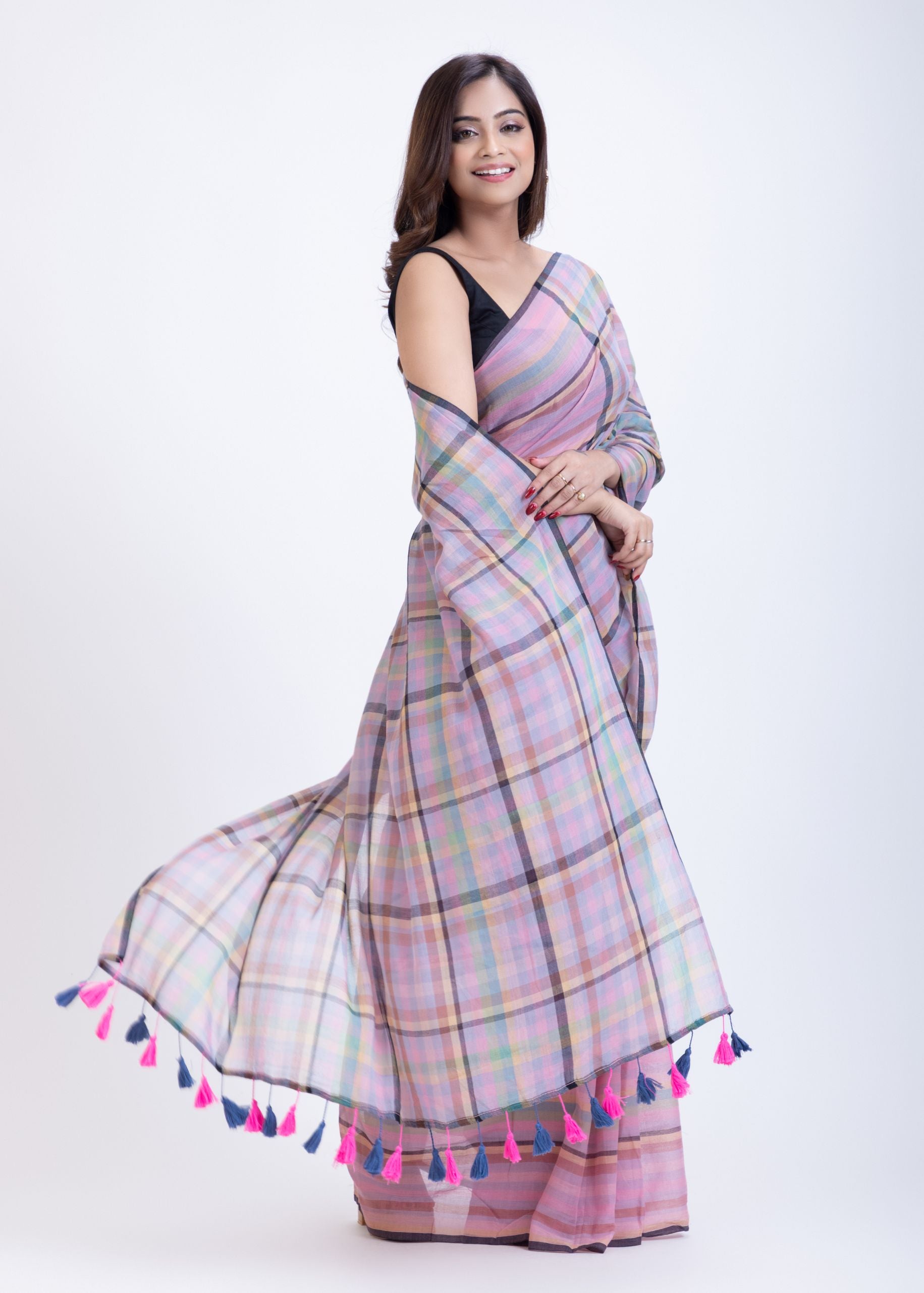 Pink Handloom Cotton Saree with Check Back