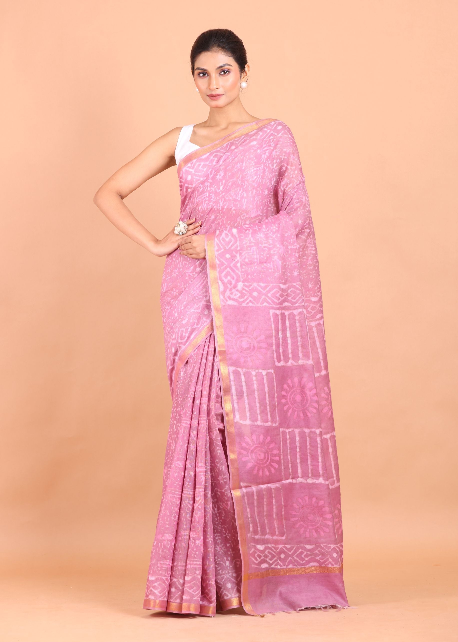 Pink Handloom Printed Silk Saree front