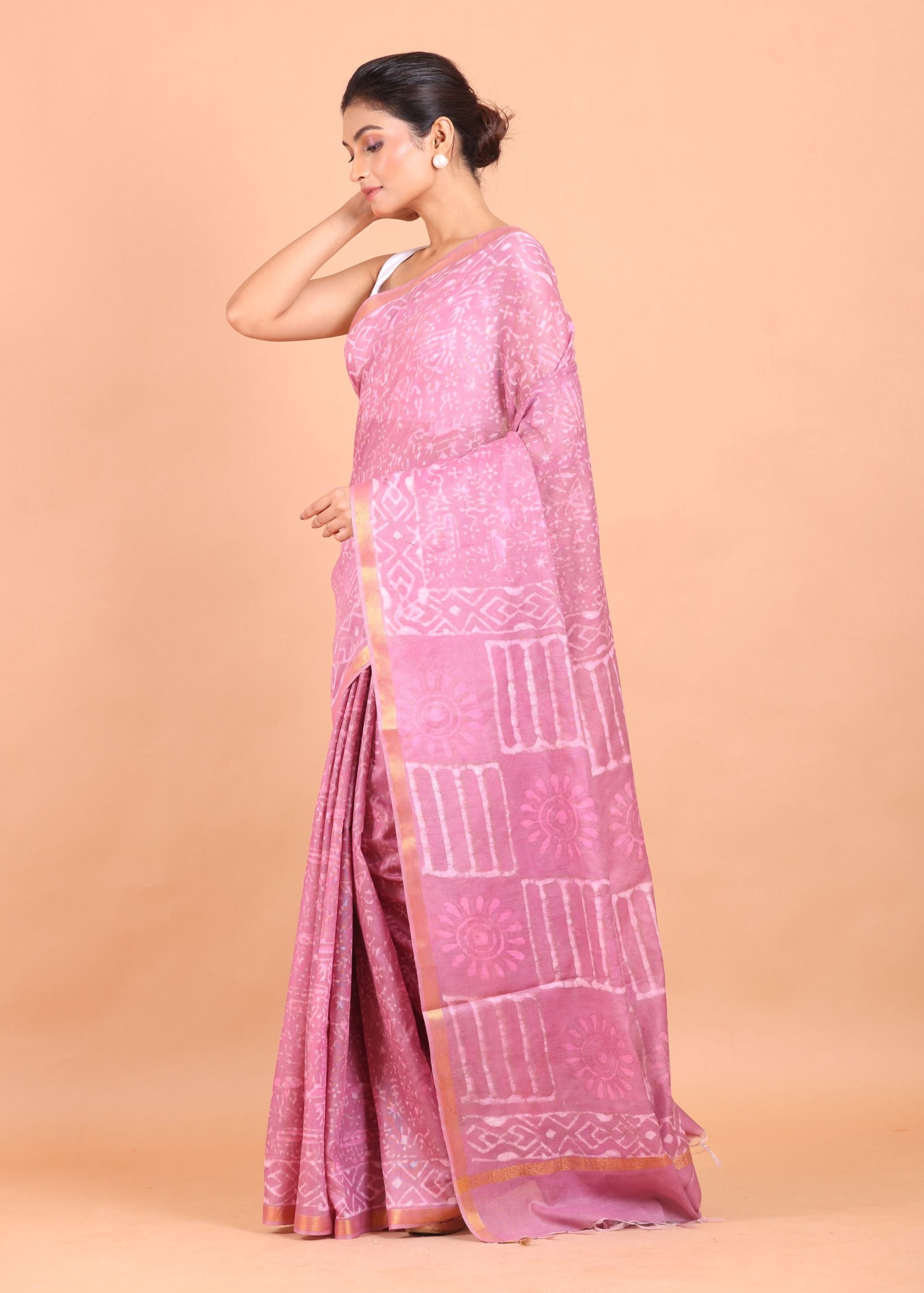 Pink Handloom Printed Silk Saree side 
