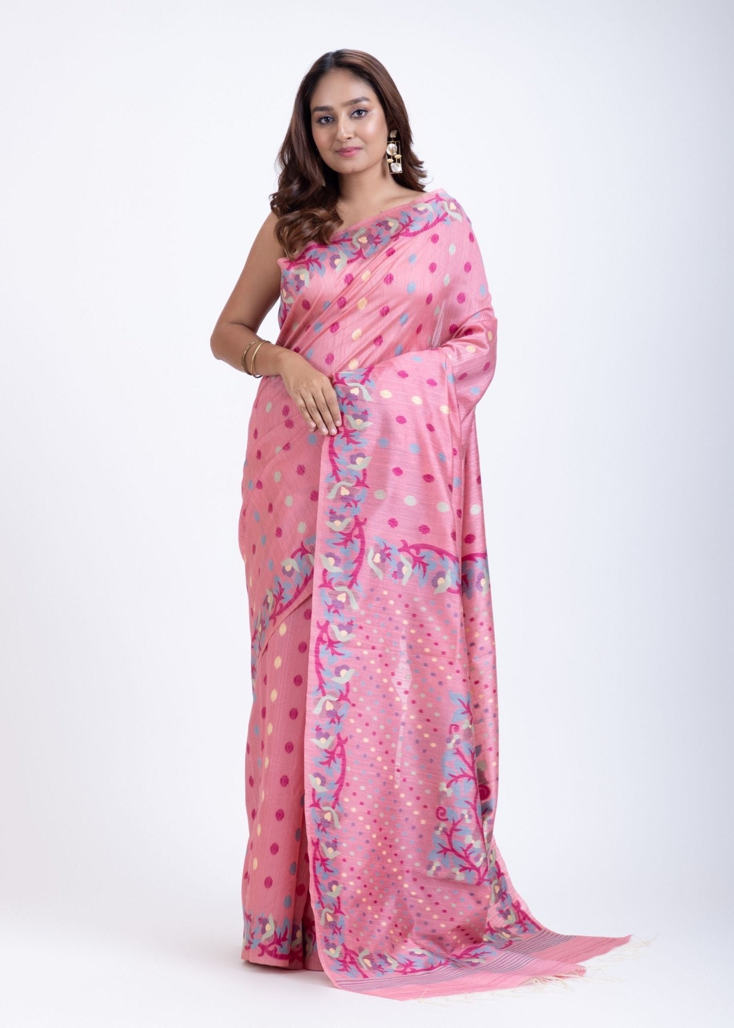 Pink Jamdani Saree with Blue and Gold Motis All over - Anvi Couture