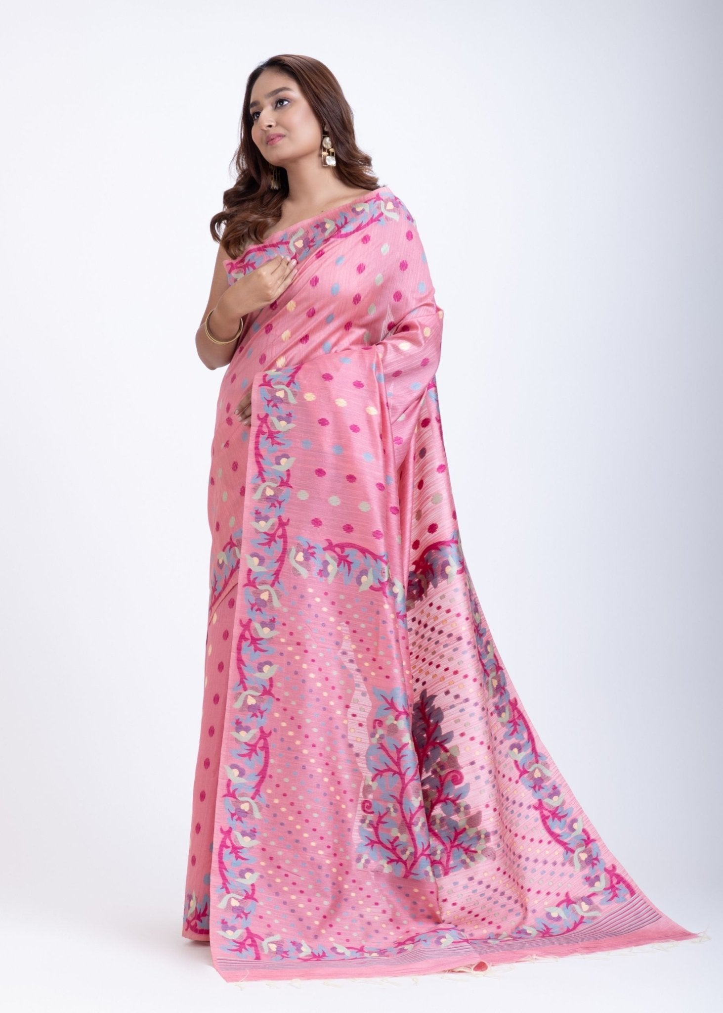 Pink Jamdani Saree with Blue and Gold Motis All over - Anvi Couture