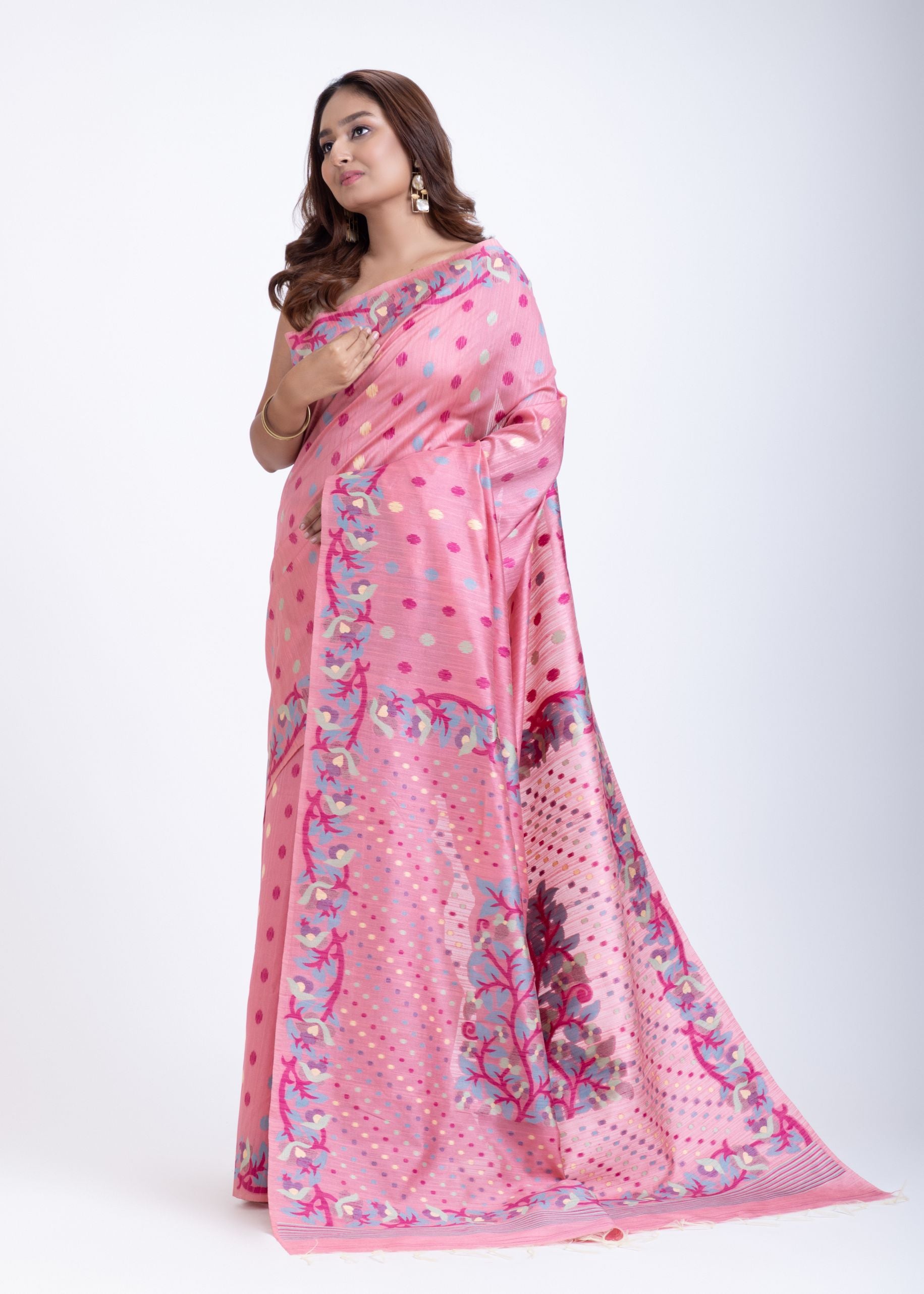 Pink Jamdani Saree with Blue and Gold Motis All over Front