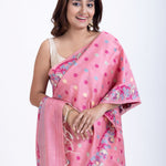 Pink Jamdani Saree with Blue and Gold Motis All over Close Up