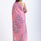 Pink Jamdani Saree with Blue and Gold Motis All over Back