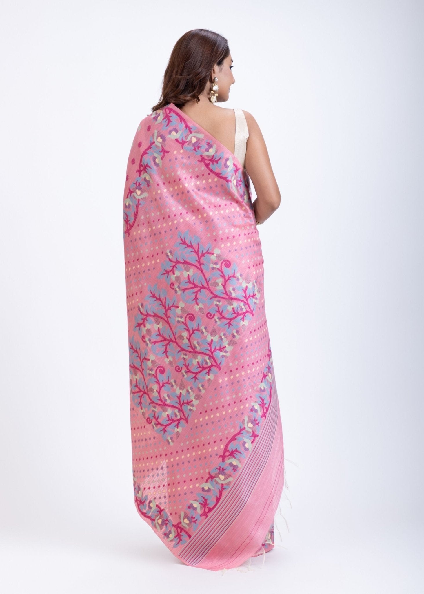 Pink Jamdani Saree with Blue and Gold Motis All over - Anvi Couture