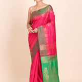 Pink Kanjivaram Silk Saree With Green Border and Pallu - Anvi Couture