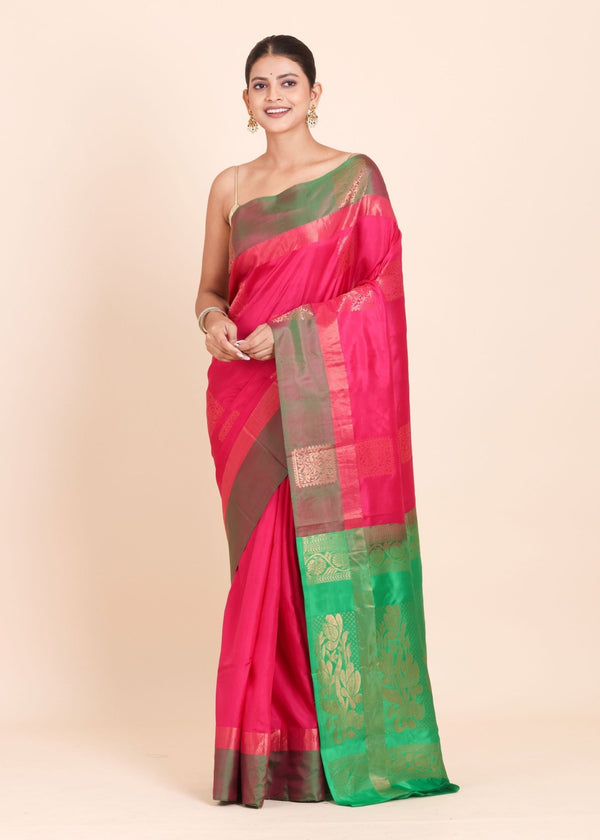 Pink Kanjivaram Silk Saree With Green Border and Pallu - Anvi Couture