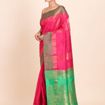 Pink Kanjivaram Silk Saree With Green Border and Pallu - Anvi Couture