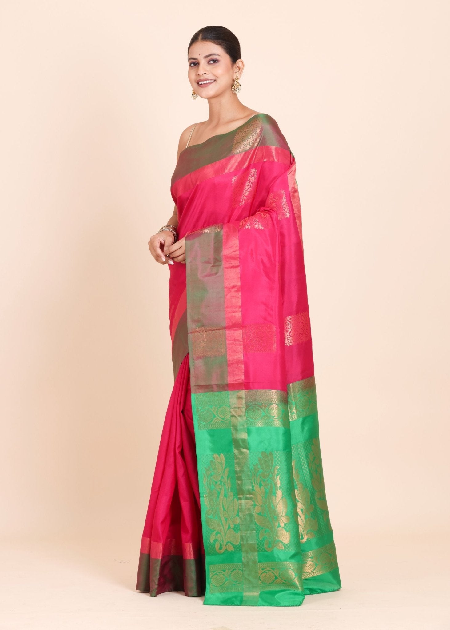 Pink Kanjivaram Silk Saree With Green Border and Pallu - Anvi Couture