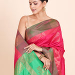 Pink Kanjivaram Silk Saree With Green Border and Pallu - Anvi Couture