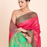 Pink Kanjivaram Silk Saree With Green Border and Pallu - Anvi Couture
