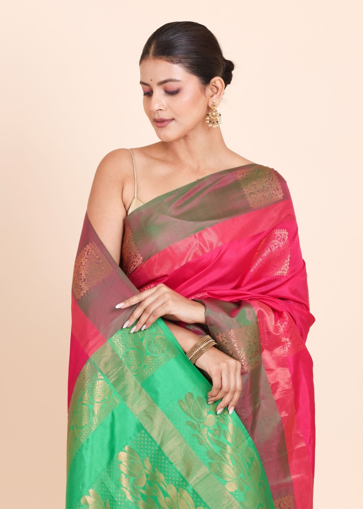 Pink Kanjivaram Silk Saree With Green Border and Pallu - Anvi Couture