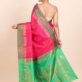 Pink Kanjivaram Silk Saree With Green Border and Pallu - Anvi Couture