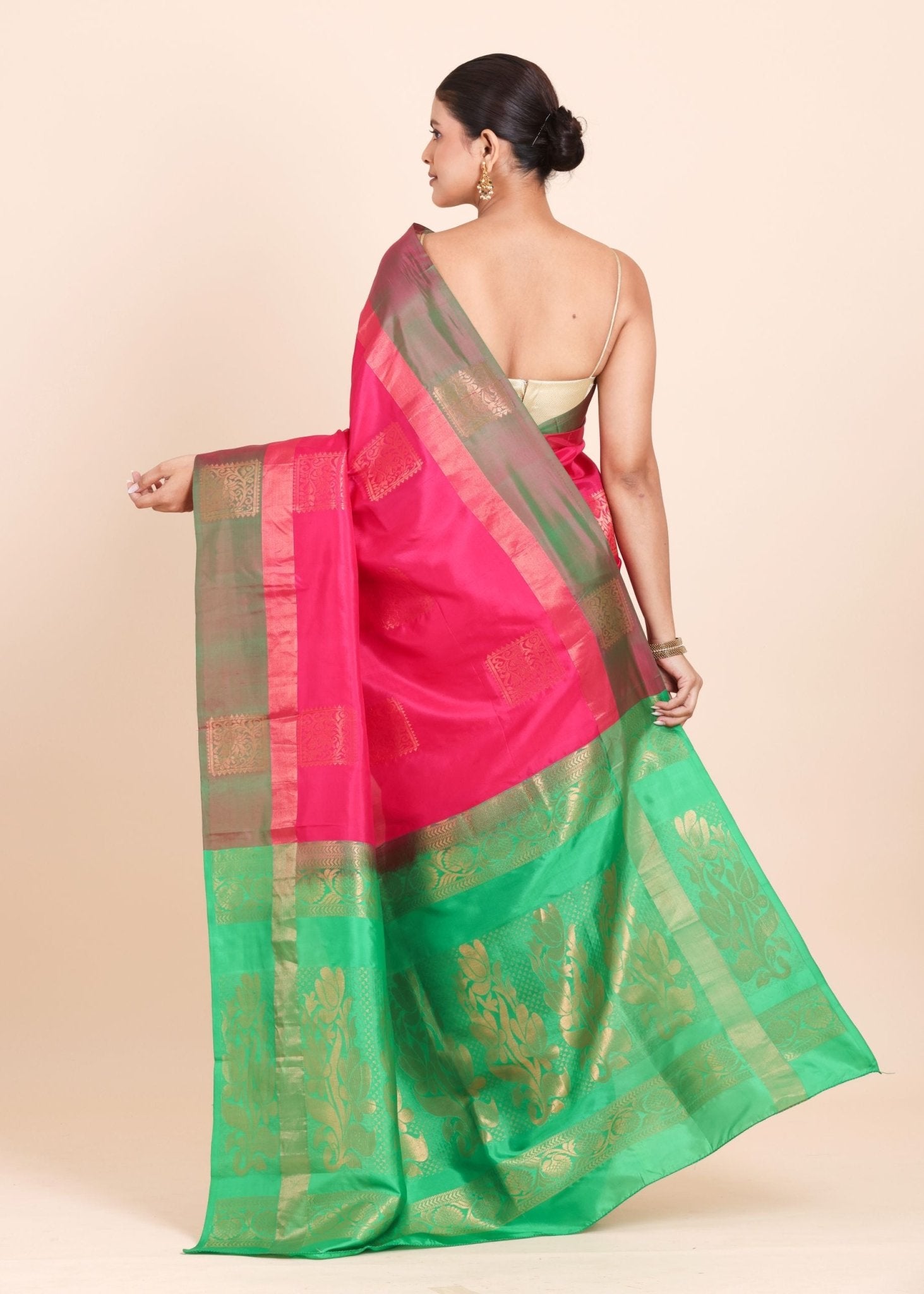 Pink Kanjivaram Silk Saree With Green Border and Pallu - Anvi Couture