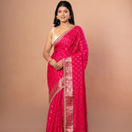 Pink Khaddi Georgette Saree with Golden Zari Weaving with Embroidered Border - Anvi Couture