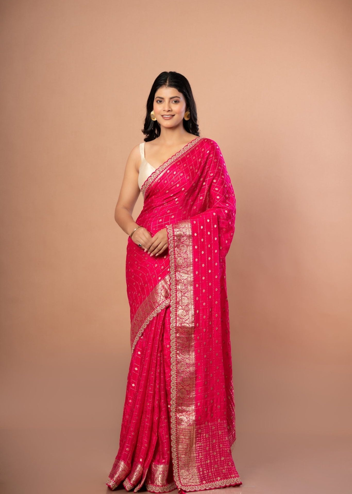 Pink Khaddi Georgette Saree with Golden Zari Weaving with Embroidered Border - Anvi Couture