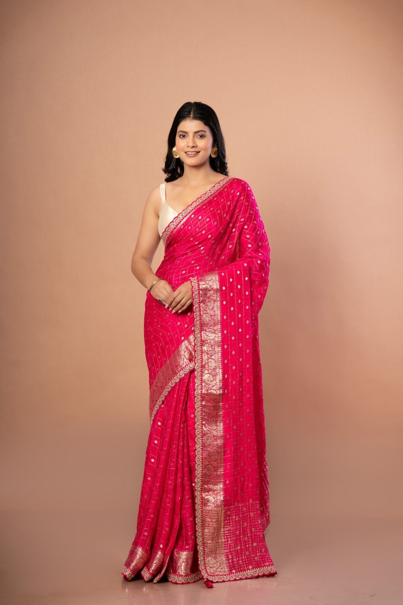 Pink Khaddi Georgette Saree with Golden Zari Weaving with Embroidered Border - Anvi Couture
