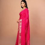 Pink Khaddi Georgette Saree with Golden Zari Weaving with Embroidered Border - Anvi Couture